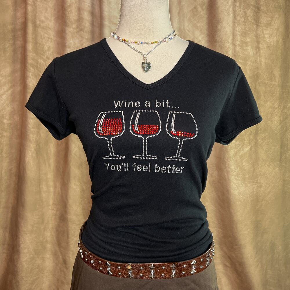 Y2K Rhinestone T-Shirt Wine A Bit You'll Feel Better Black V Neck McBling Indie